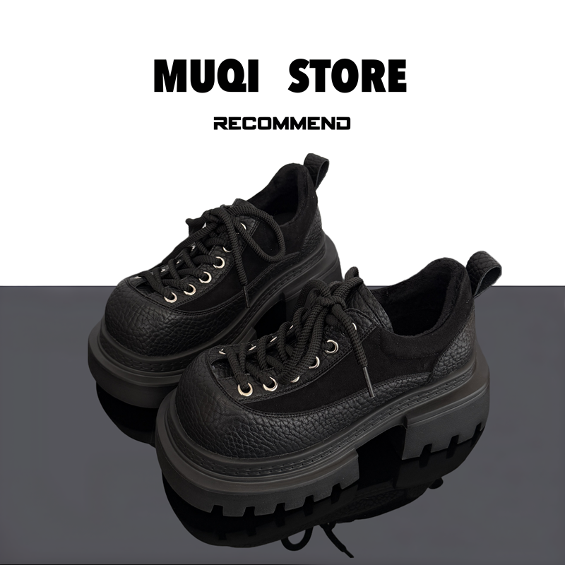 MUQI欧货真皮高跟厚底粗跟秋冬款休闲小皮鞋系带加绒保暖乐福鞋女