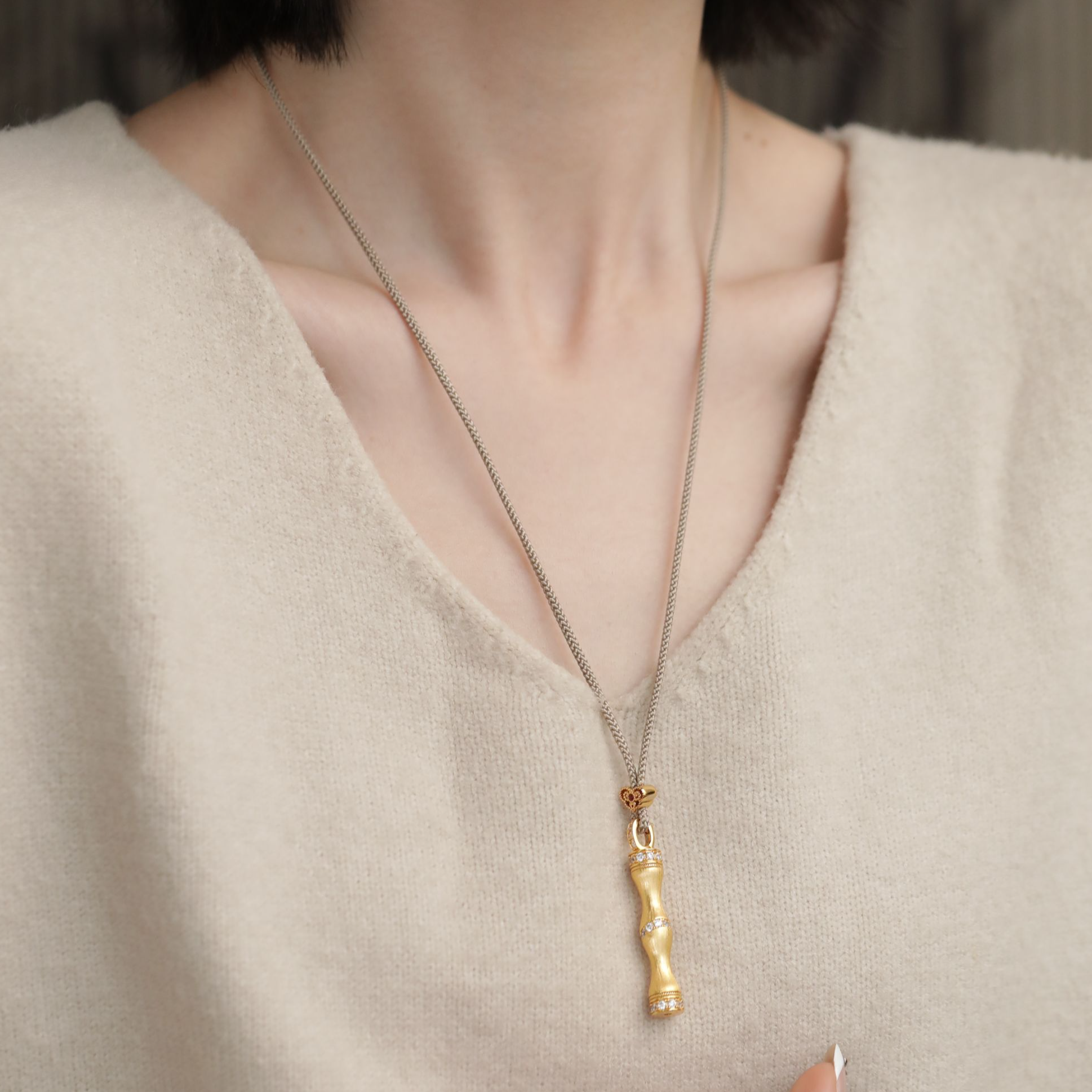 链子925银 N18819 简约轻奢金色竹节吊坠抽拉项链
