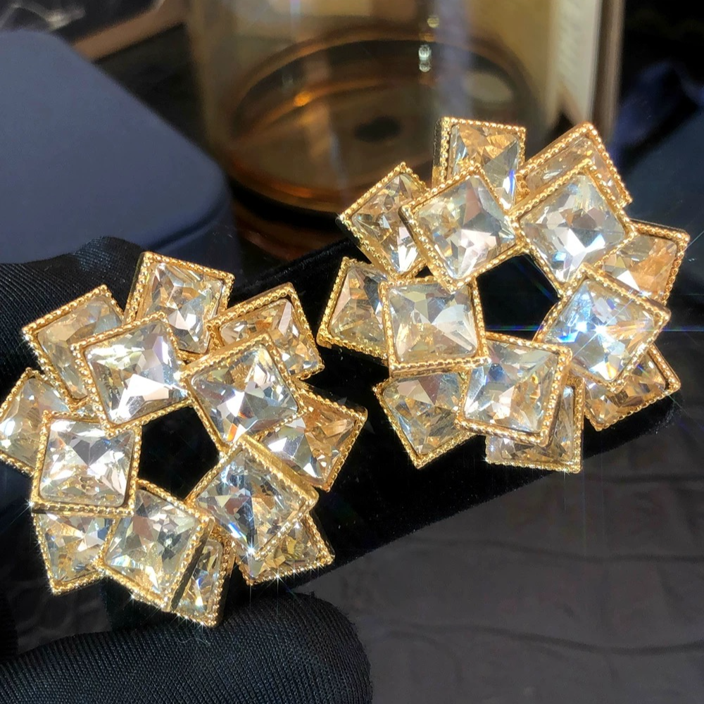 铜合金耳饰【繁花】时尚彩钻多层方形水钻风车状合金耳环欧美耳钉