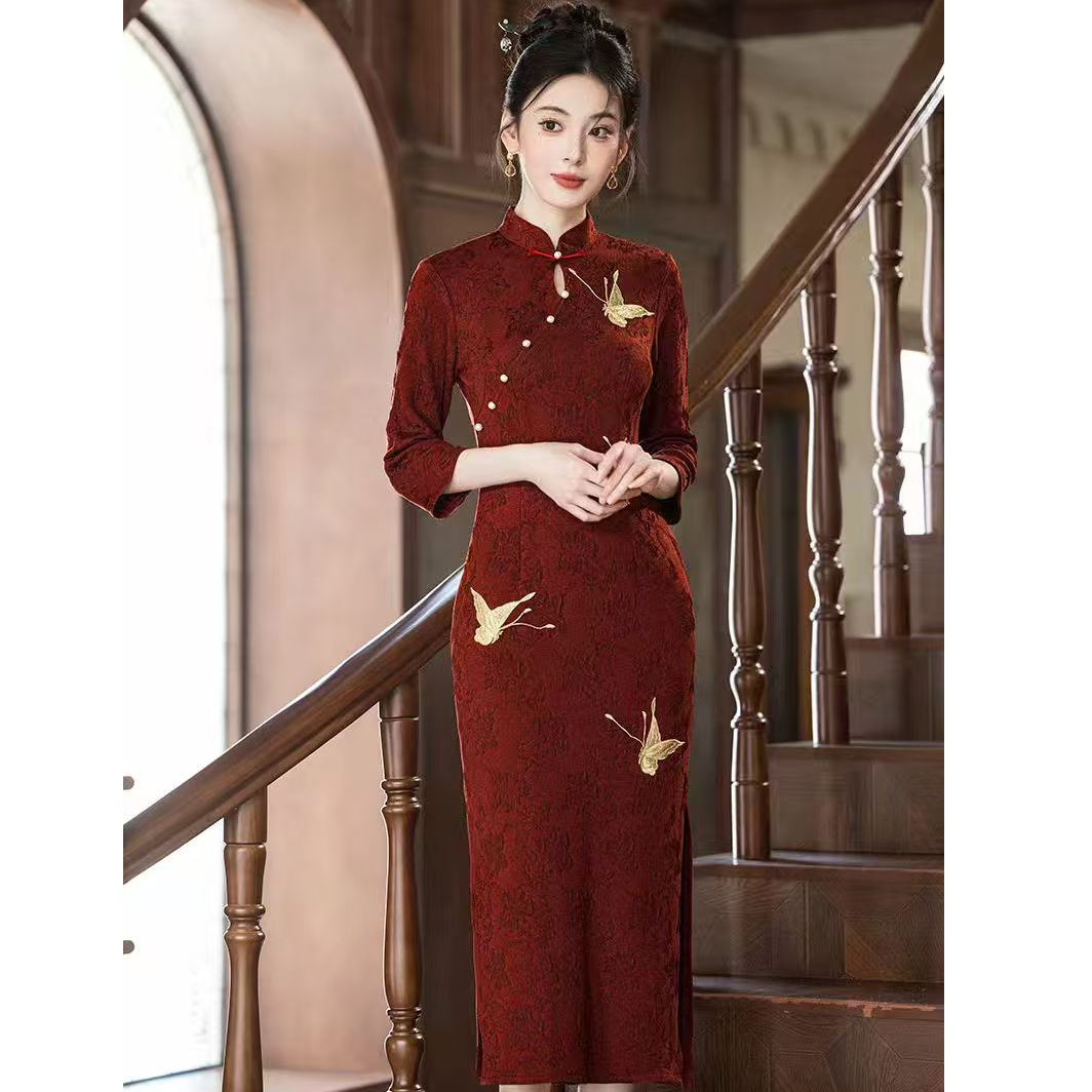 烁之悦【花香蝶自来】针织提花中国风订婚结婚敬酒服旗袍 衣长120