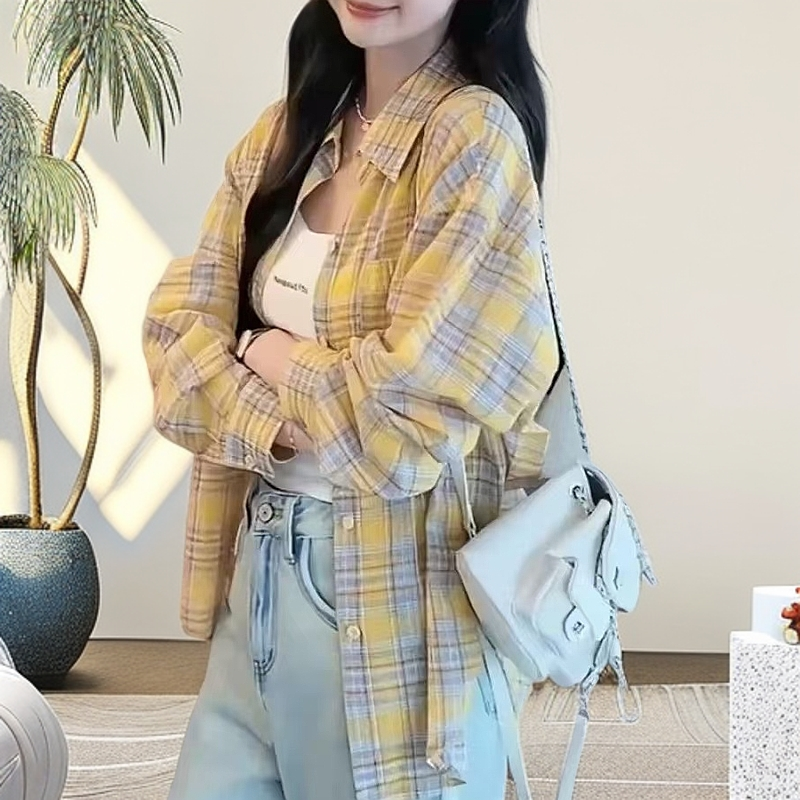 8420格子衬衫女夏季新款宽松轻薄款长袖衬衣百搭防晒衬衣外套