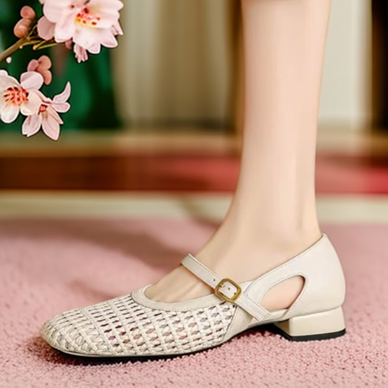 粗跟镂空浅口夏季单鞋气质法式高跟细跟包头编织HY1802