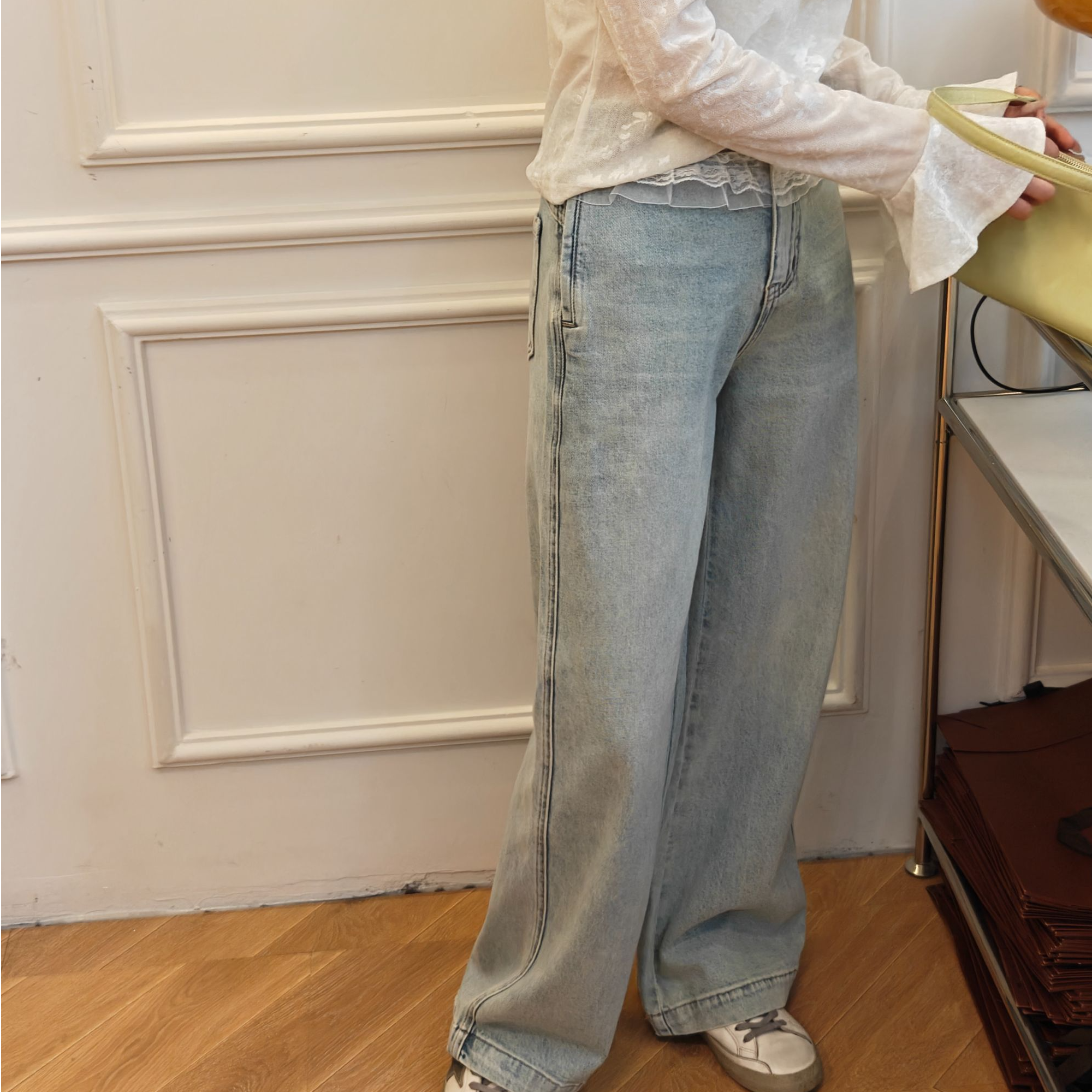 the white｜正品韩代「那白家」春季新品蕾丝裙边牛仔裤显瘦宽松百搭