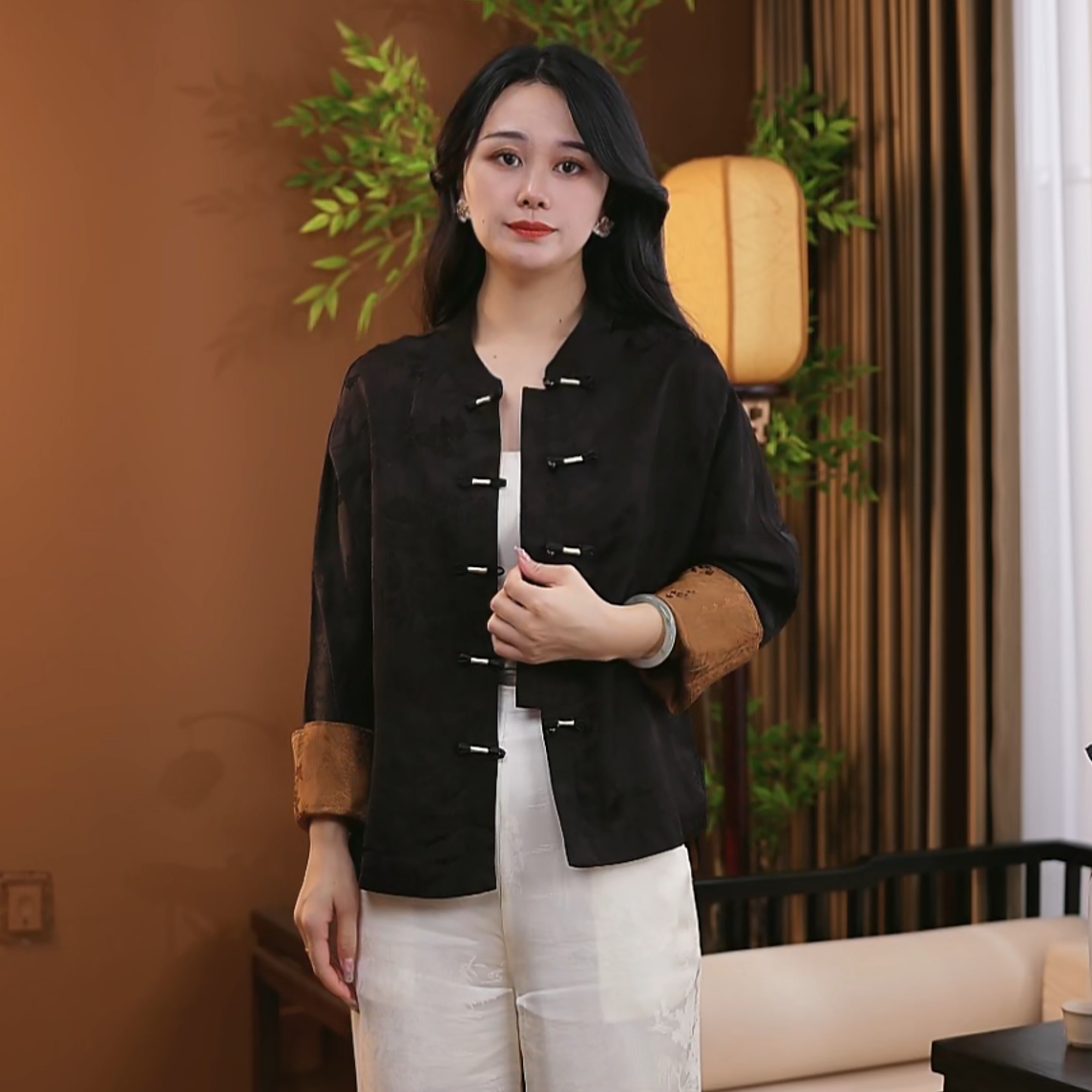 新中式桑蚕丝时尚衬衫提花气质国风盘扣百搭长袖显瘦外套S146