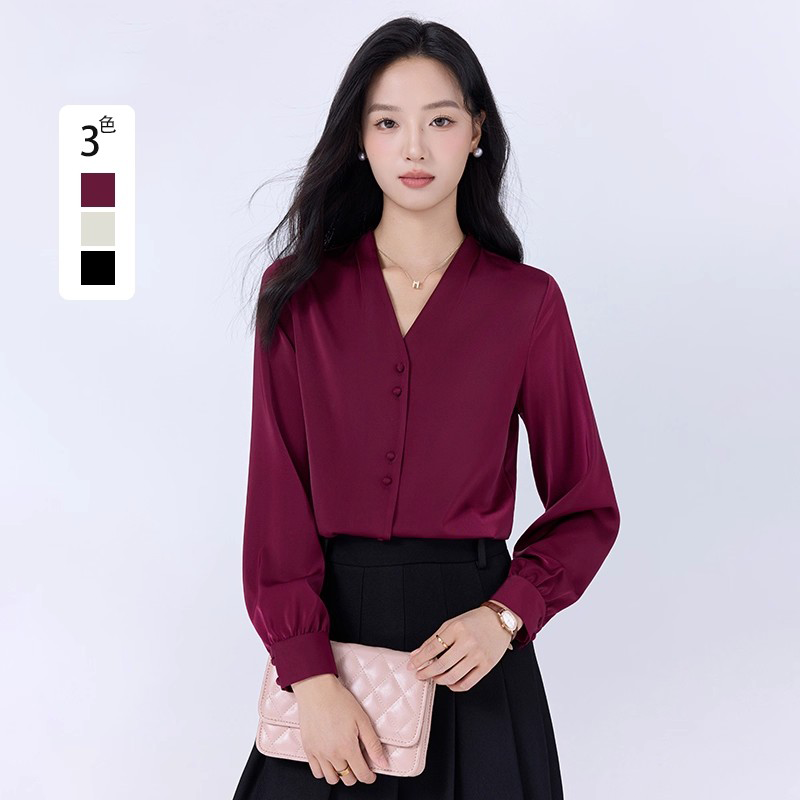酒红色v领衬衫女2025新款长袖高级感轻奢减龄洋气职业雪纺衬衣秋