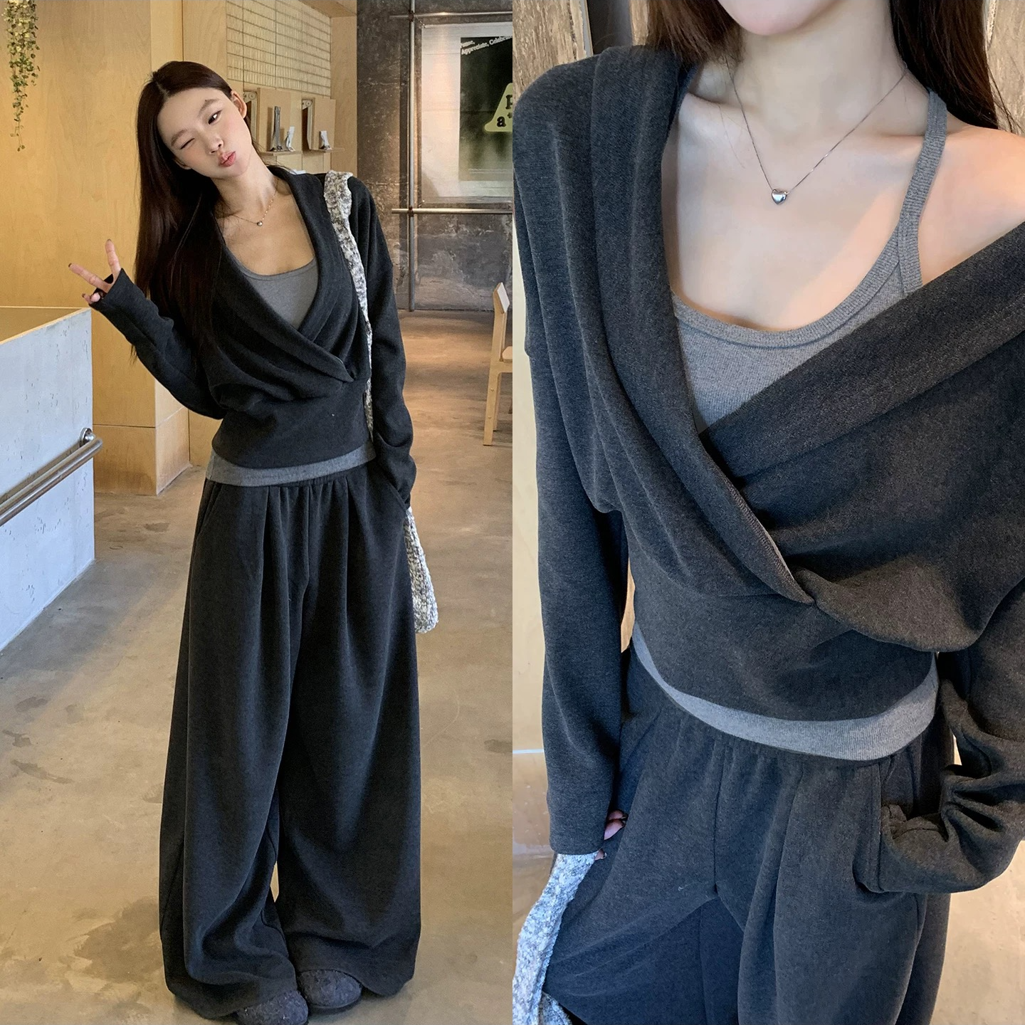 不费力穿搭 灰色卫衣➕自带胸垫背心两件套套头卫衣➕裤子套装#8478