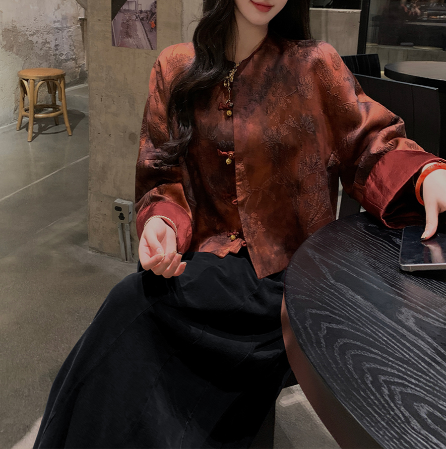 实拍~大码新中式国风3079上衣复古盘扣外套秋＋阔腿裤牛仔两件套