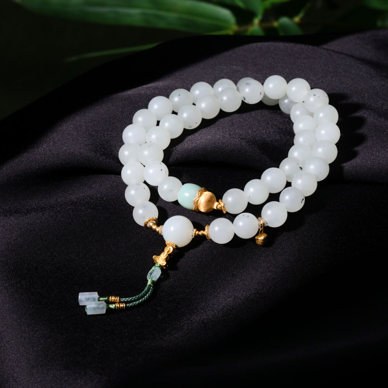 【意婵】《山雾屿》8mm典藏级新疆青花籽和田玉双圈翡翠18K金-912765