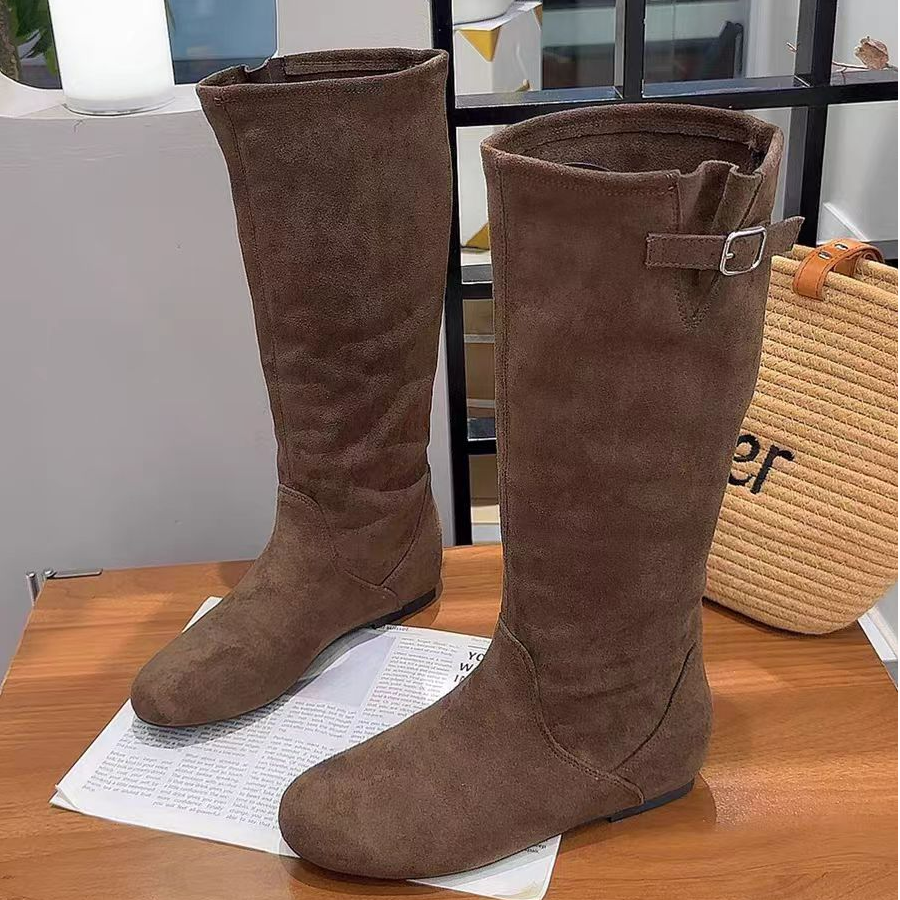 W3536美拉德风不过膝长靴 内增高堆堆靴复古西部靴骑士靴