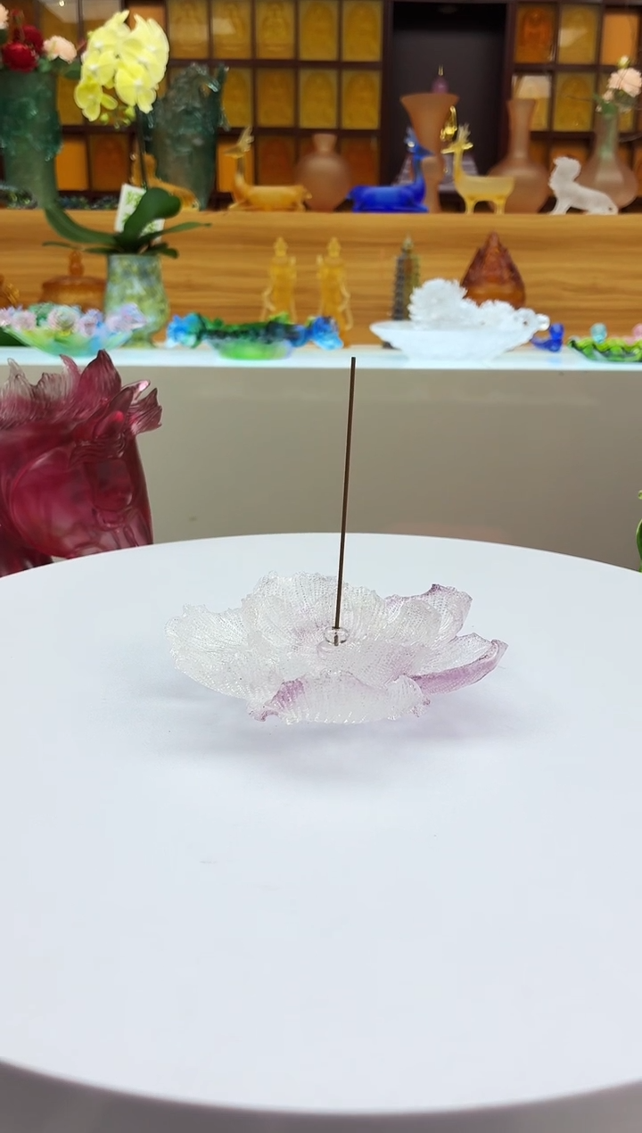 手工艺品琉璃淡紫色牡丹花线香插12公分