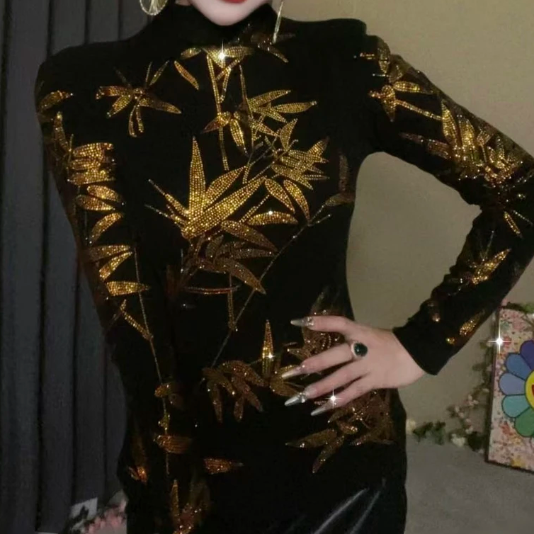 【 冬季新款】金竹新中式重工烫钻古韵厚款打底衫半高领长袖-3230