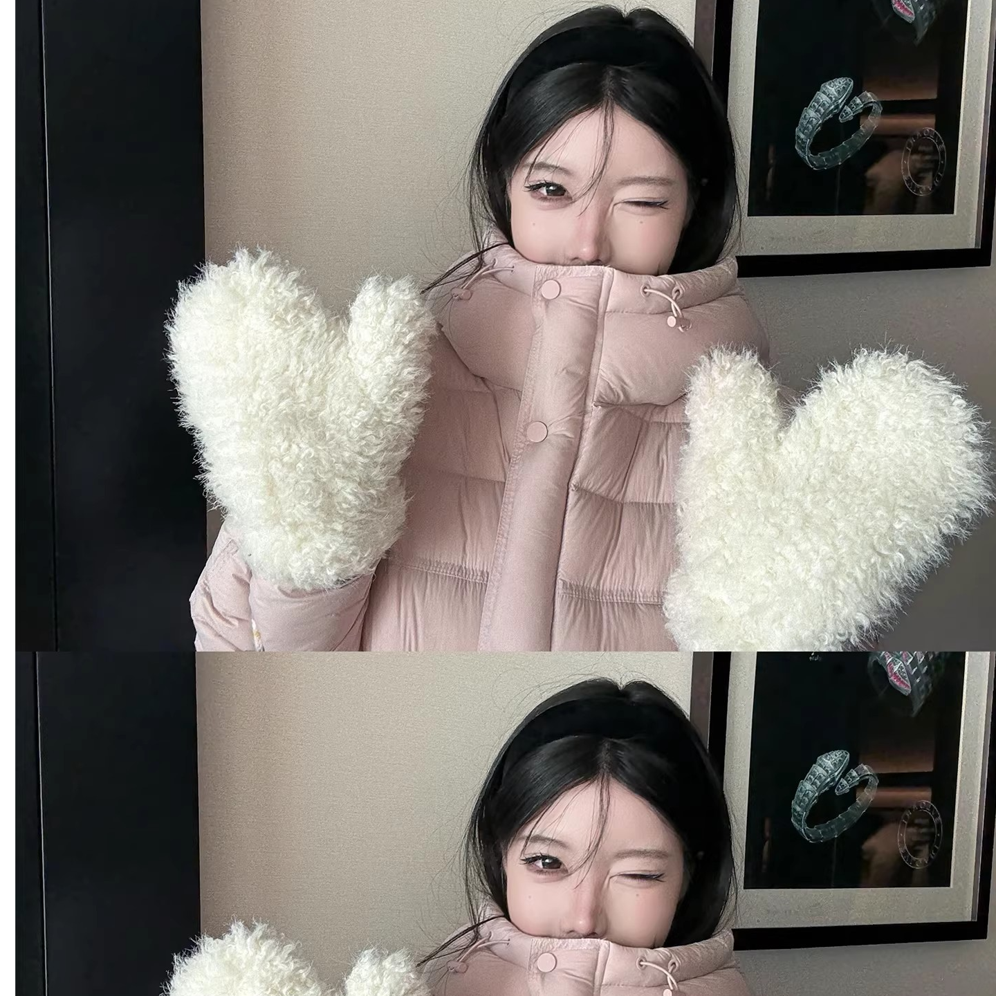 Laareetoo 毛绒绒可爱挂脖连指手套女秋冬新款加绒加厚保暖防寒