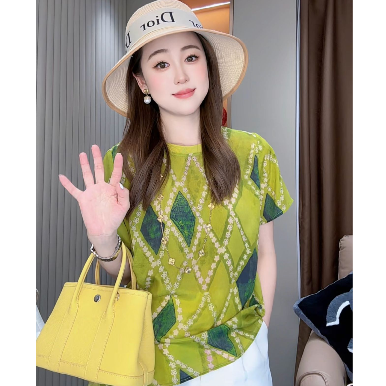 【丝芙玉禄】（F809）100真丝双绉绿色菱形显瘦桑蚕丝t恤上衣