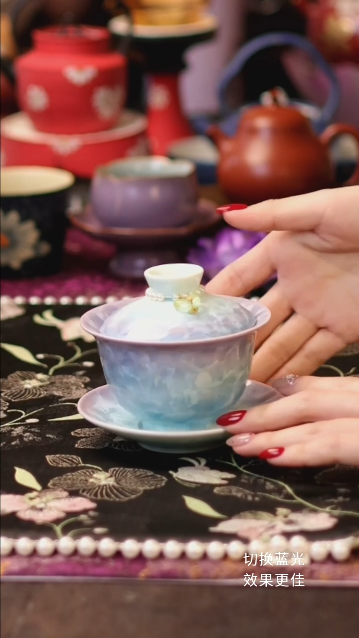 景德镇结晶釉紫青三才盖碗