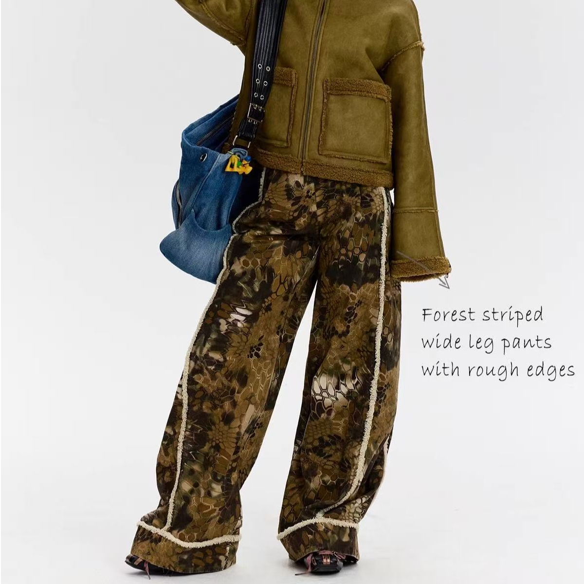 【自播】MOF少女百货  复古毛边森林纹直筒阔腿裤 OK