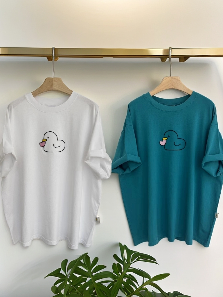 【可爱鸭】圆领短袖中长款气球小鸭印花T恤卡通宽松简约韩版
