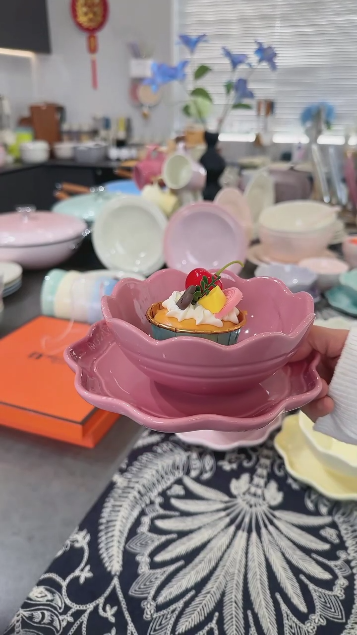 【闪购商品】瓷炻彩花边碗14CM-玫瑰粉