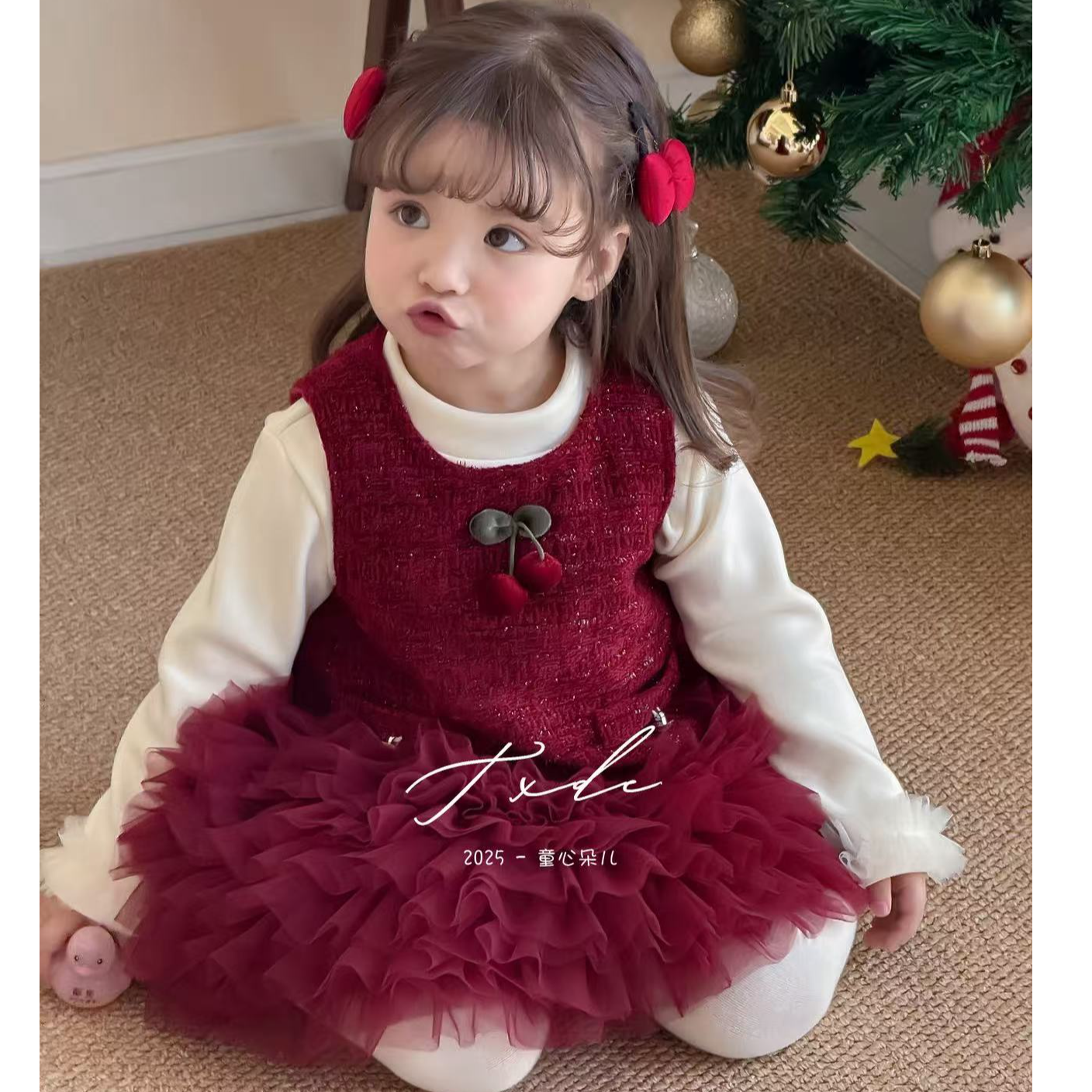 原创重工新款秋冬加绒小樱桃红色女童生日周岁公主连衣裙套装