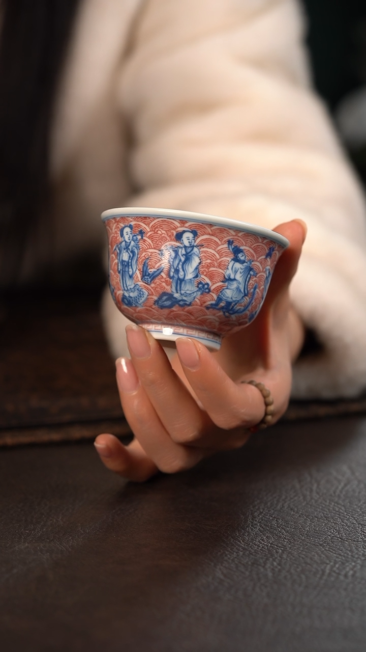 【闪购商品】杯贵红窑青花釉里红八仙祝寿压手杯