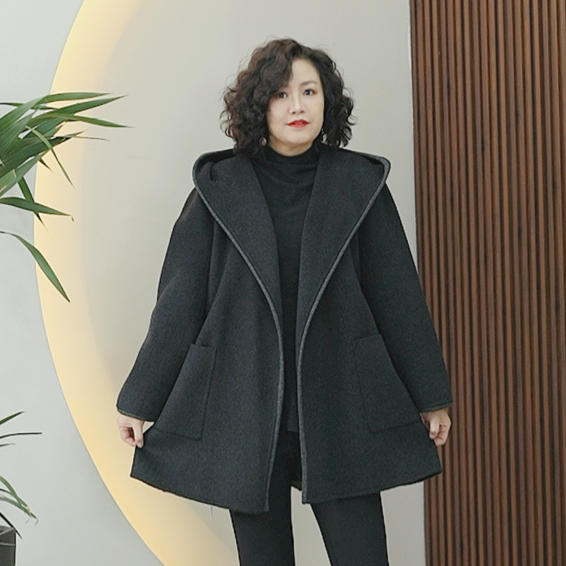 【无扣腰带款】山羊绒+绵羊毛+莱赛尔双面呢大衣女连帽针织毛呢外套