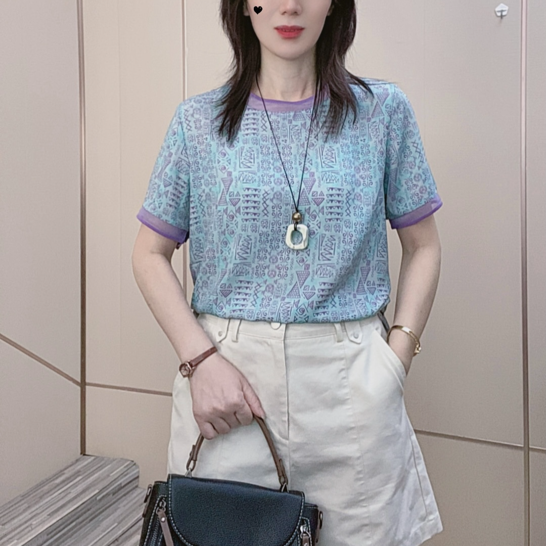 短袖2025夏季新款女装圆领T恤印花时尚气质拼接镂空蕾丝领宽松t恤
