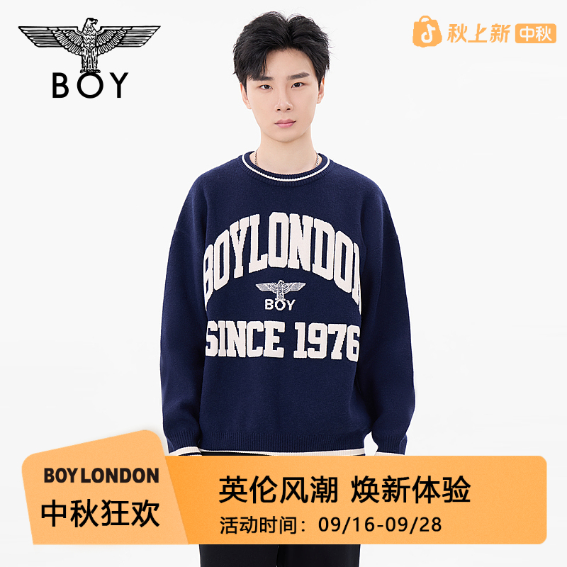 BOYLONDON秋冬24新品男女同款学院风撞色时尚圆领套头毛衣N60013