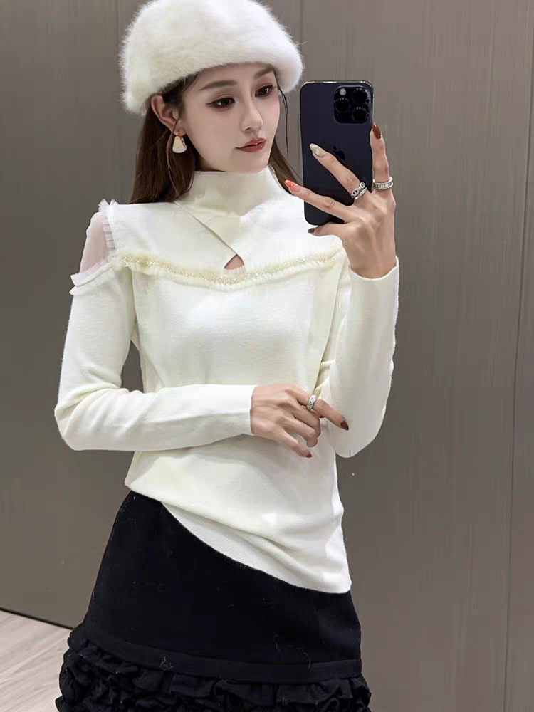慵懒风百搭针织简约适中毛针织衫半高领长袖修身蕾丝