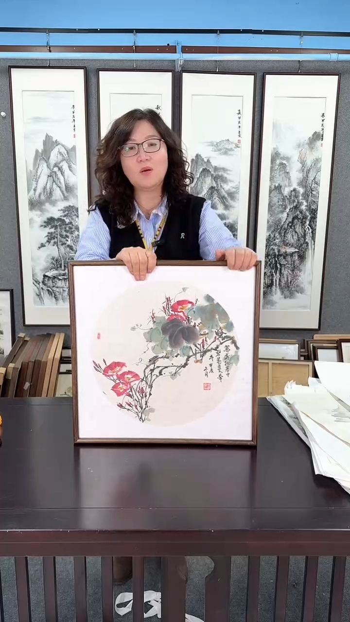 国画实木装裱 牵牛花 50*50
