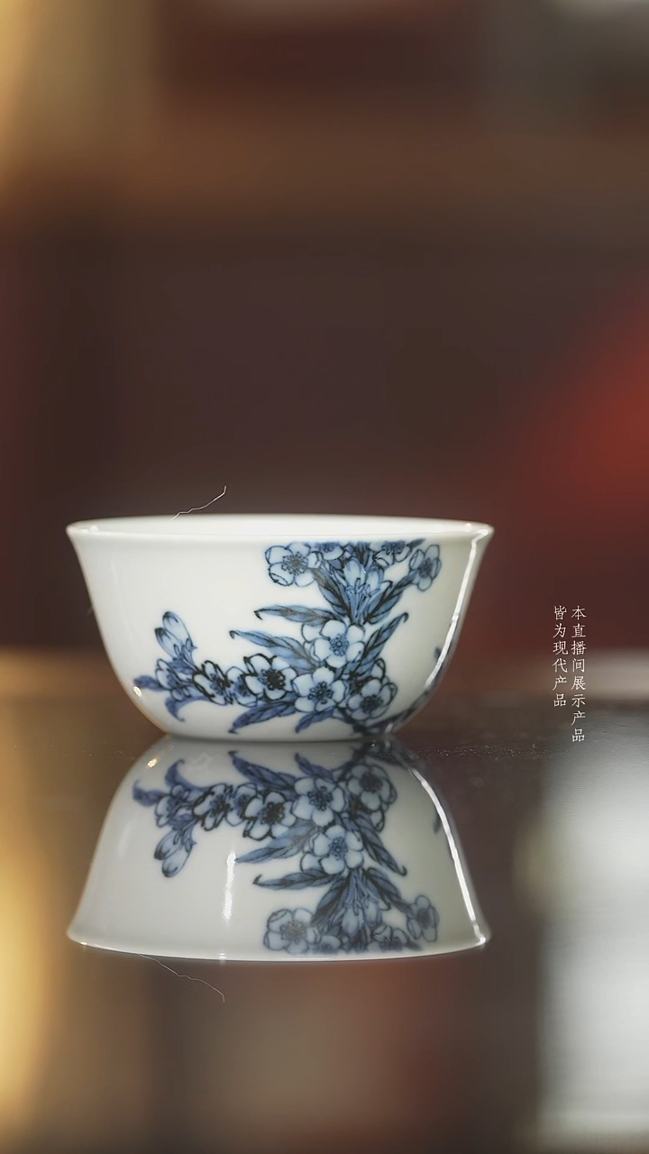 柴窑青花海棠花鸡缸杯