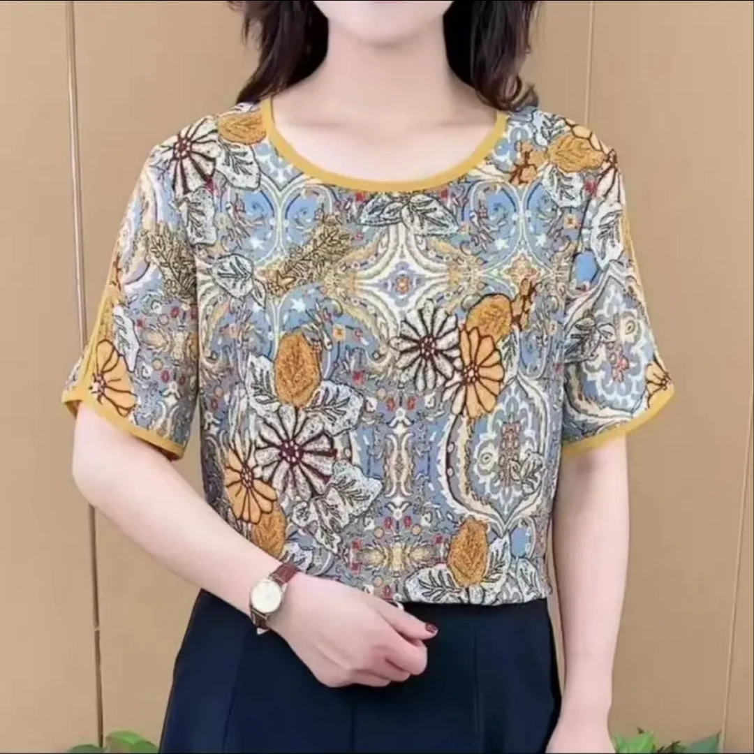 夏季新款圆领拼色短袖t恤女宽松遮肉大码印花打底衫洋气妈妈上衣