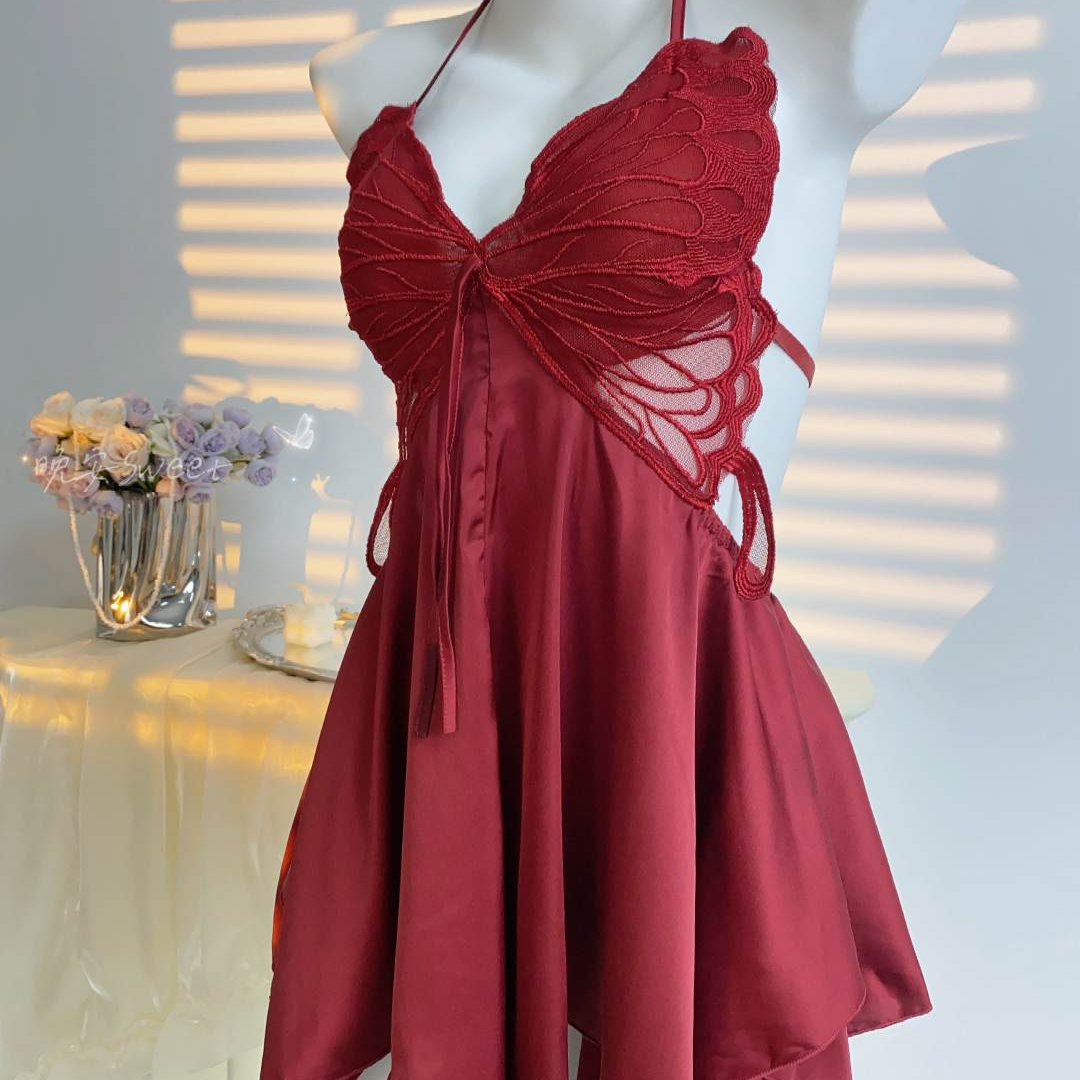 跨年【80-180】纯欲风蝴蝶性感吊带睡裙女带胸垫露背气质大码睡衣