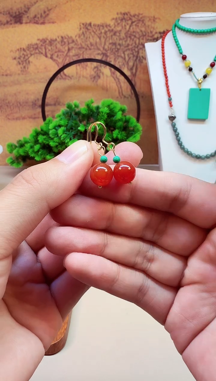 南红玛瑙14K金镶嵌耳饰E228