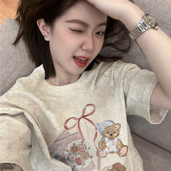 100%纯棉欧货美式正肩短袖t恤女2025新款宽松慵懒设计感别致上衣