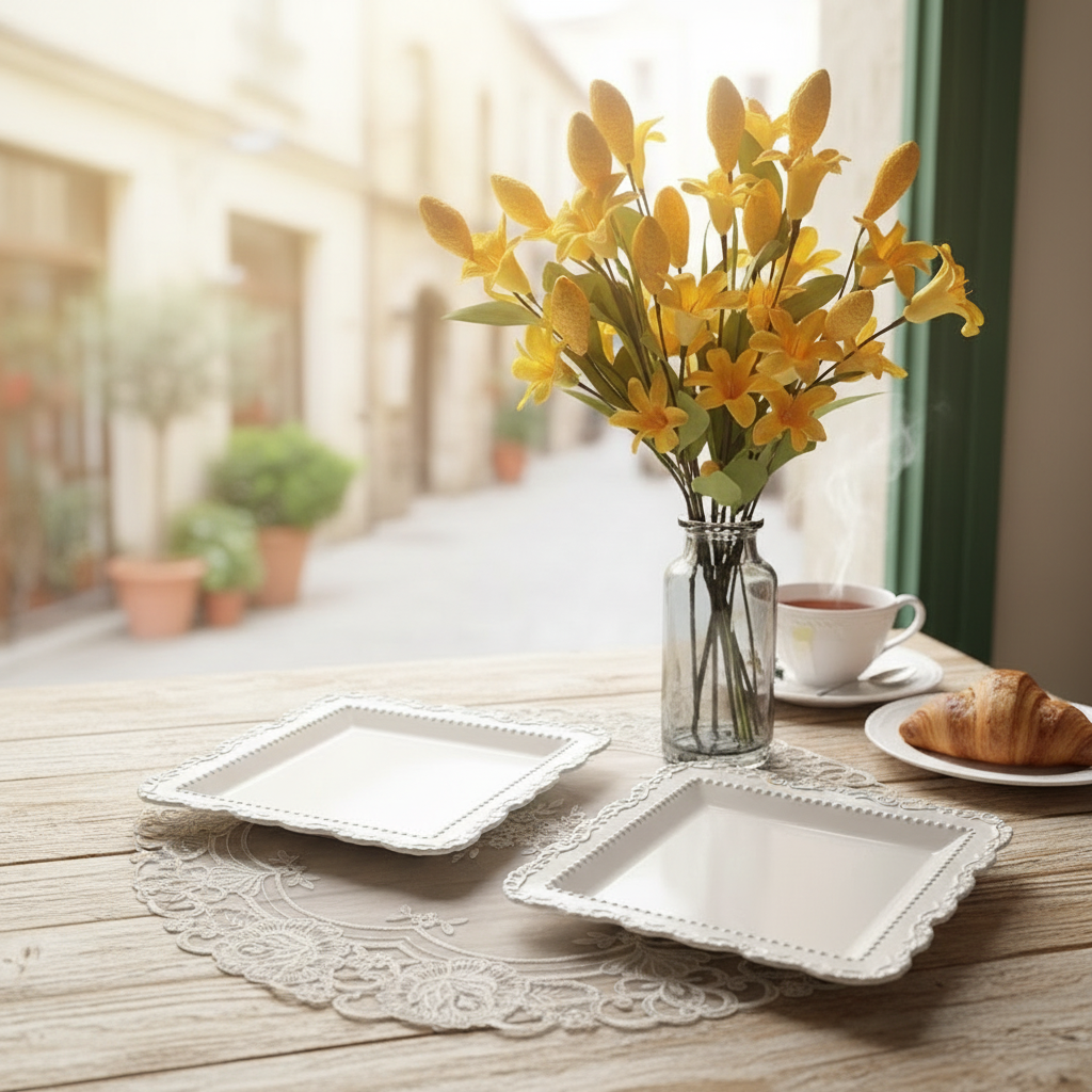 欧式简约复古风浮雕花边陶瓷2件家用正方形菜盘意面盘抓饭盘餐盘