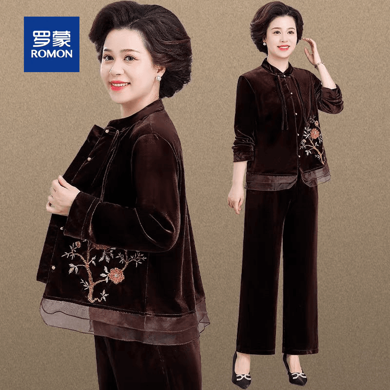 罗蒙奶奶装春秋新中式套装中老年人女装国风上衣服妈妈秋装金丝绒