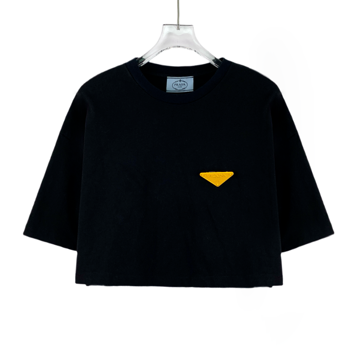 99新 Prada/普拉达 J17952黑色三角标棉质圆领短袖T恤 S码