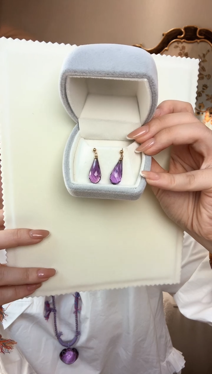 【闪购商品】紫晶耳饰18K金镶嵌紫水晶水滴耳钉