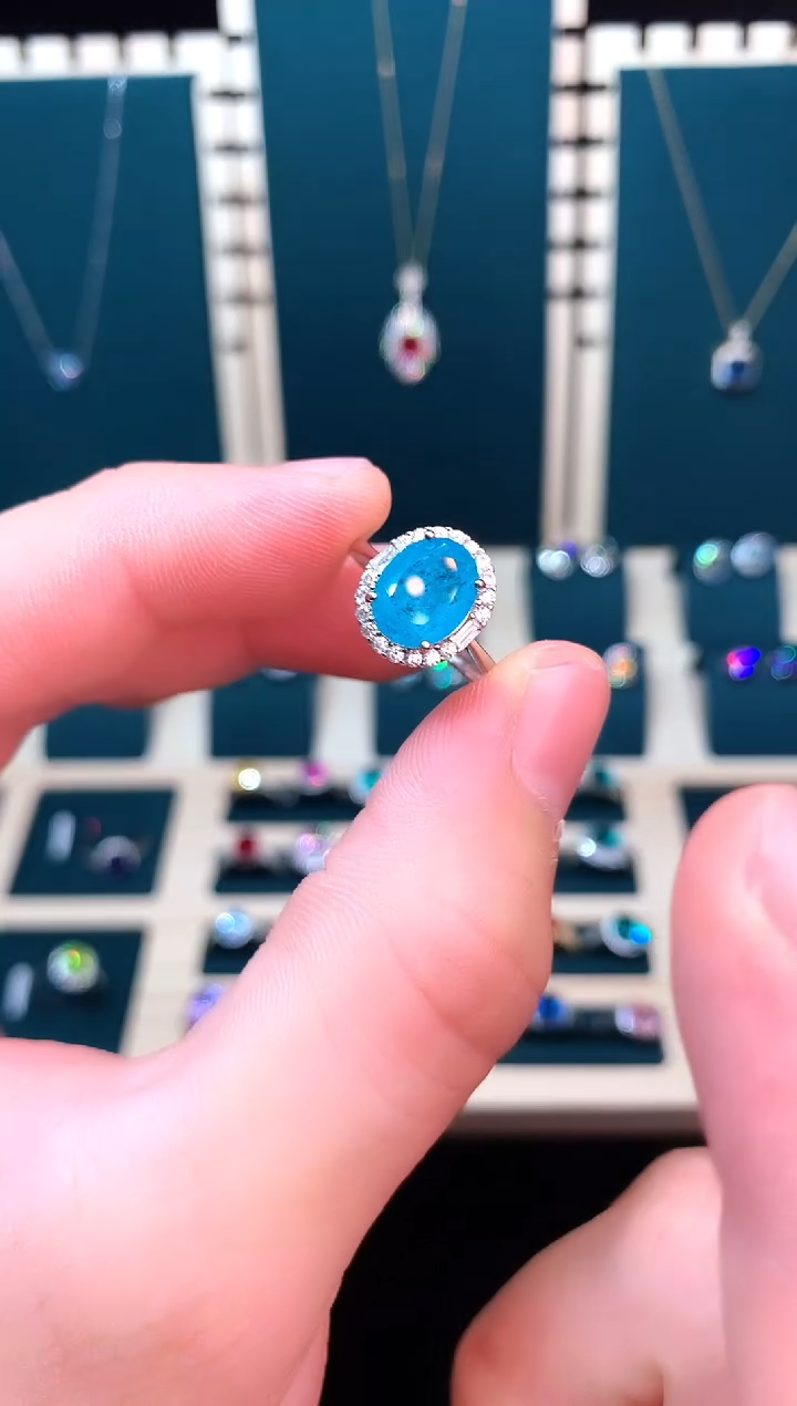 帕拉依巴碧玺戒指银S925镶嵌......