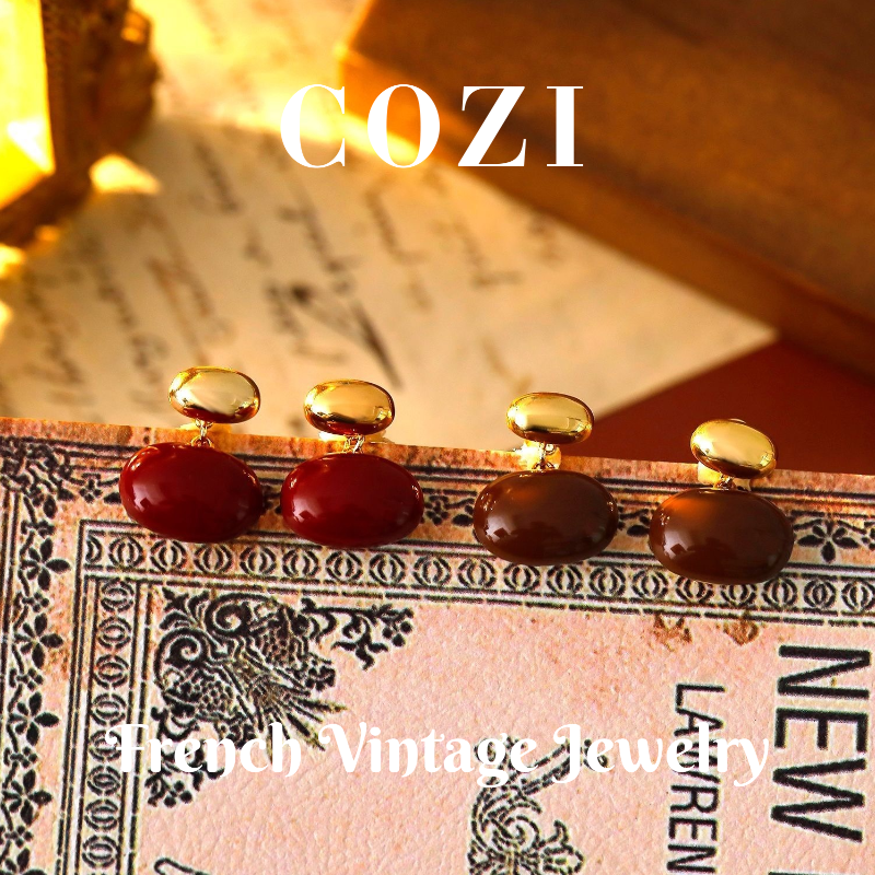 铜合金耳饰 蔻姿COZI【幸运豆】精致复古气质红色耳钉咖色女士耳钉