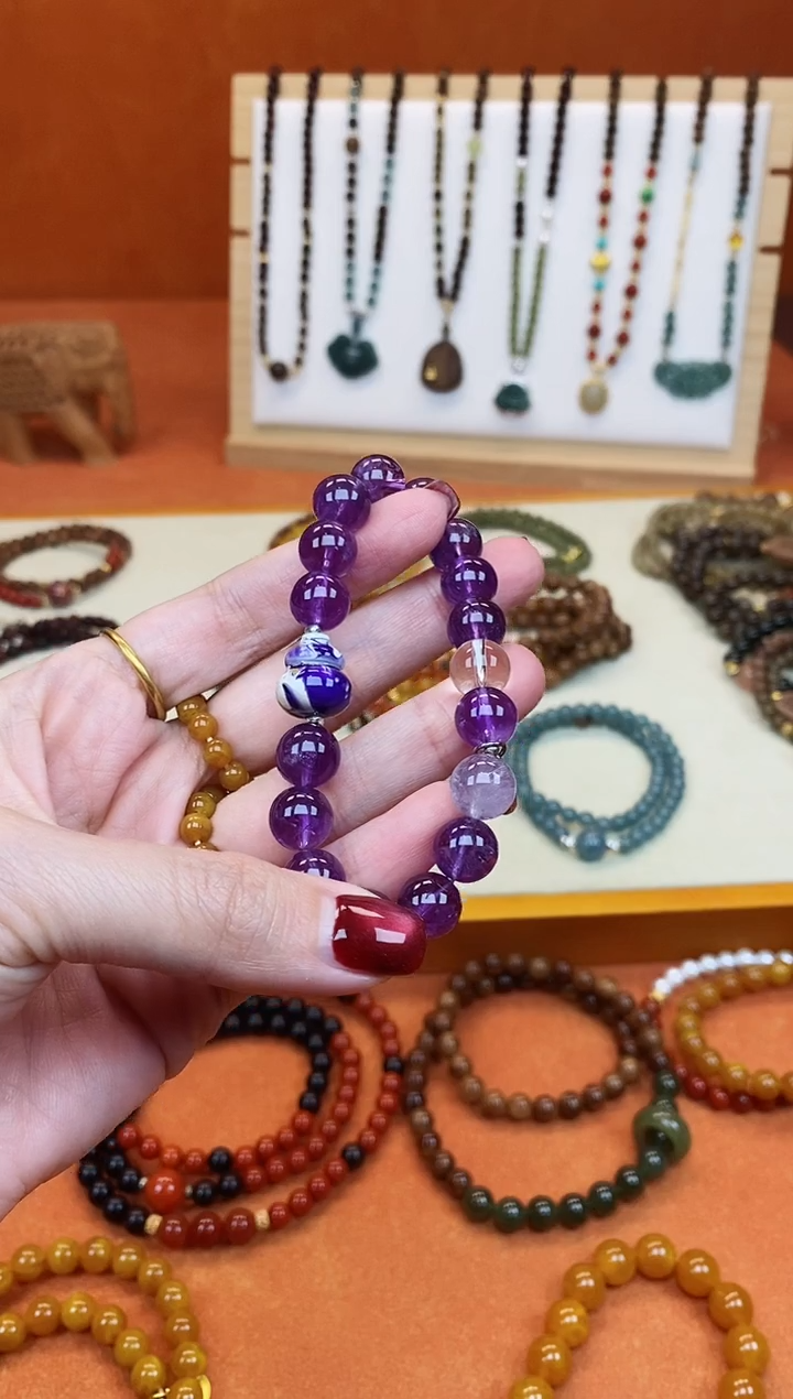 未镶嵌手链紫晶单圈紫水晶大漆葫芦手串