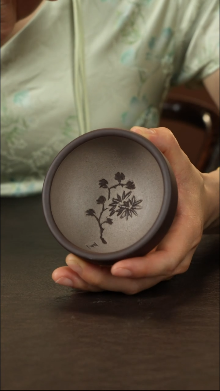 茶杯紫砂直播福利粉浆刻绘菊花普洱杯