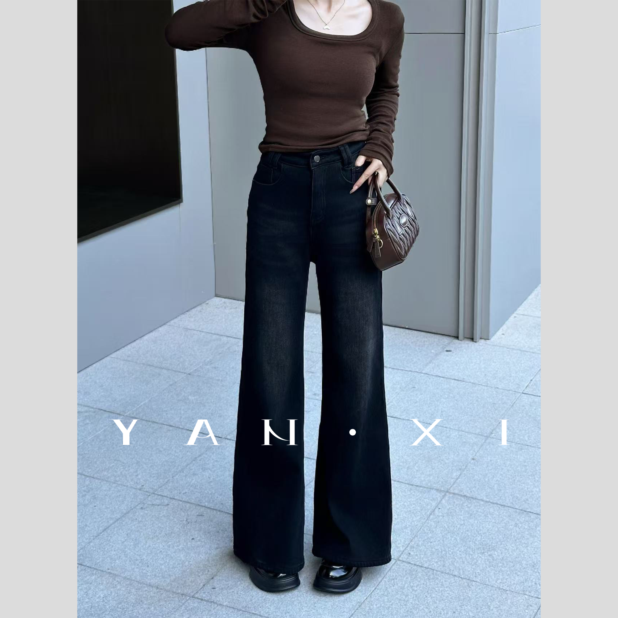 言希】【修容裤】加绒直筒牛仔裤复古阔腿显瘦长裤YXQ5NZK7231