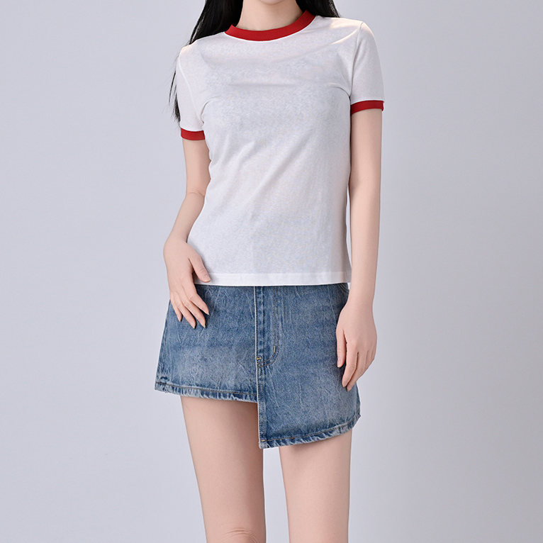 LUNAR NOSTALGIA2025新款复古字母撞色圆领修身显瘦短袖t恤女