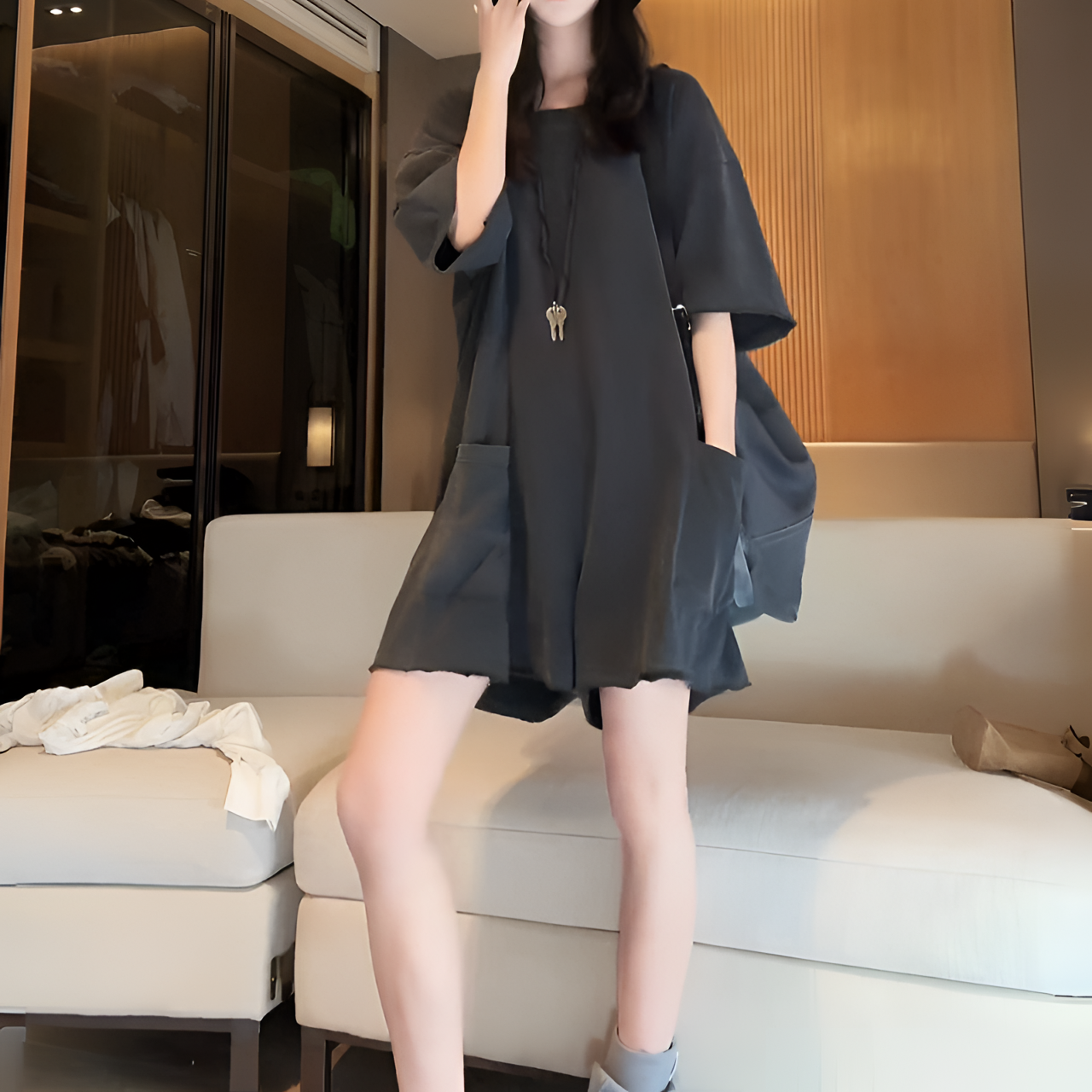 夏季新款纯欲慵懒风宽松美式休闲圆领短袖连体上衣短裤洋气衣服女