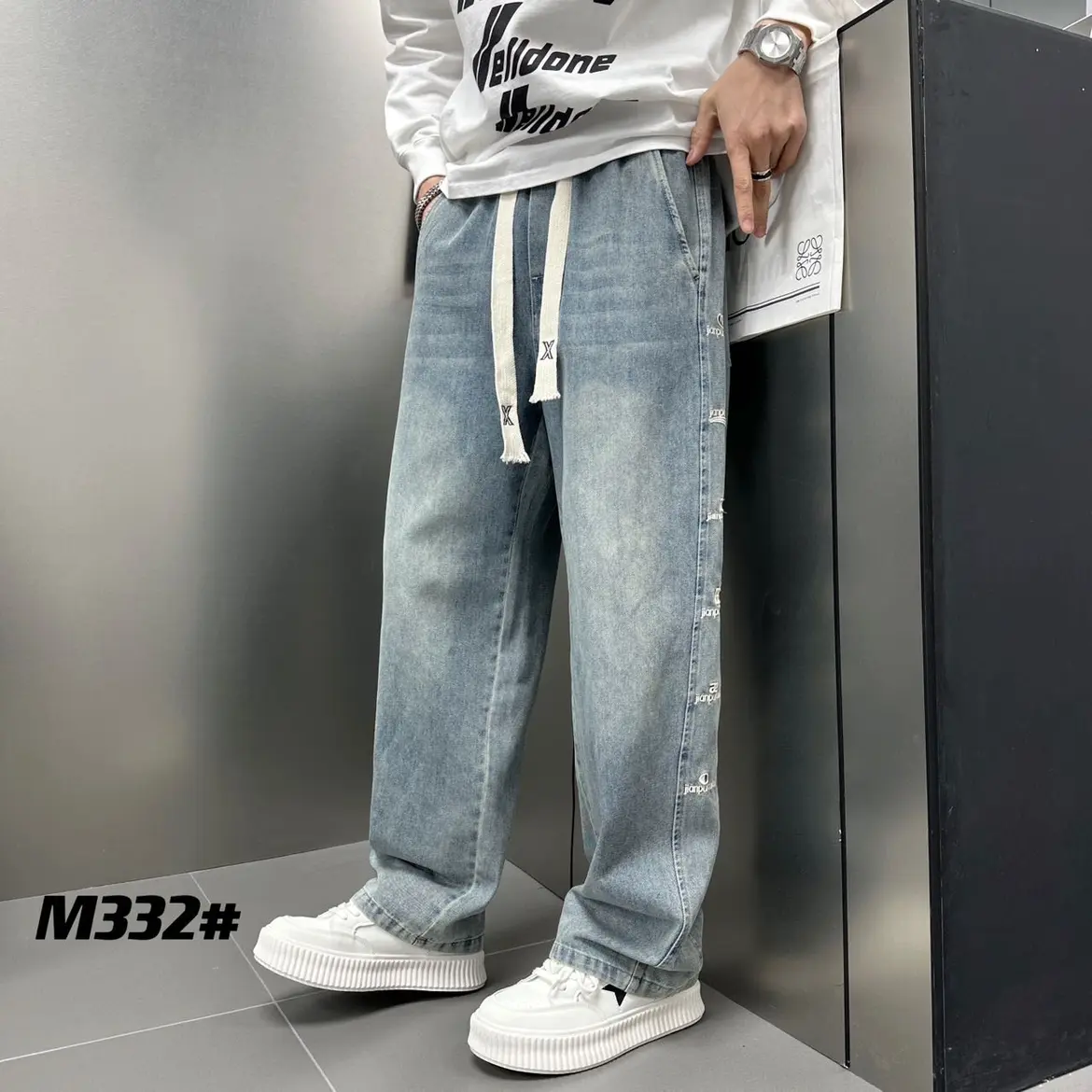 M332 春夏季男士潮牌字母百搭拖地直筒休闲牛仔裤宽松