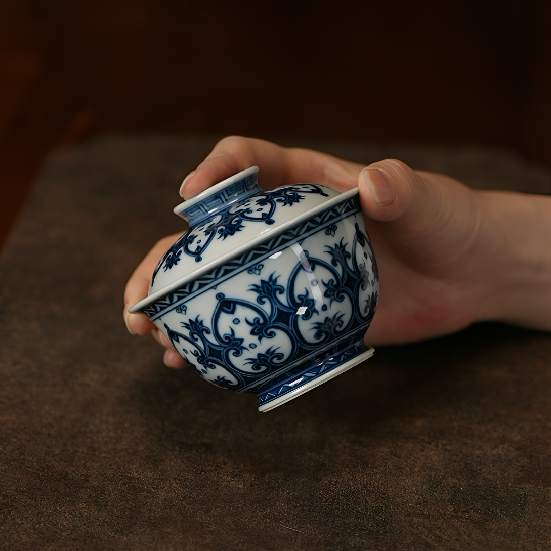 记石柴窑手绘青花双圈葫芦宝相元宝盖碗150ml