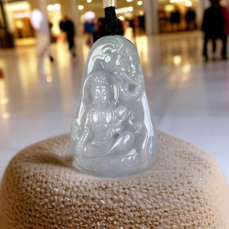 天然缅甸A货翡翠胶块精雕随形牌生肖龙蛇守护神普贤菩萨玉坠