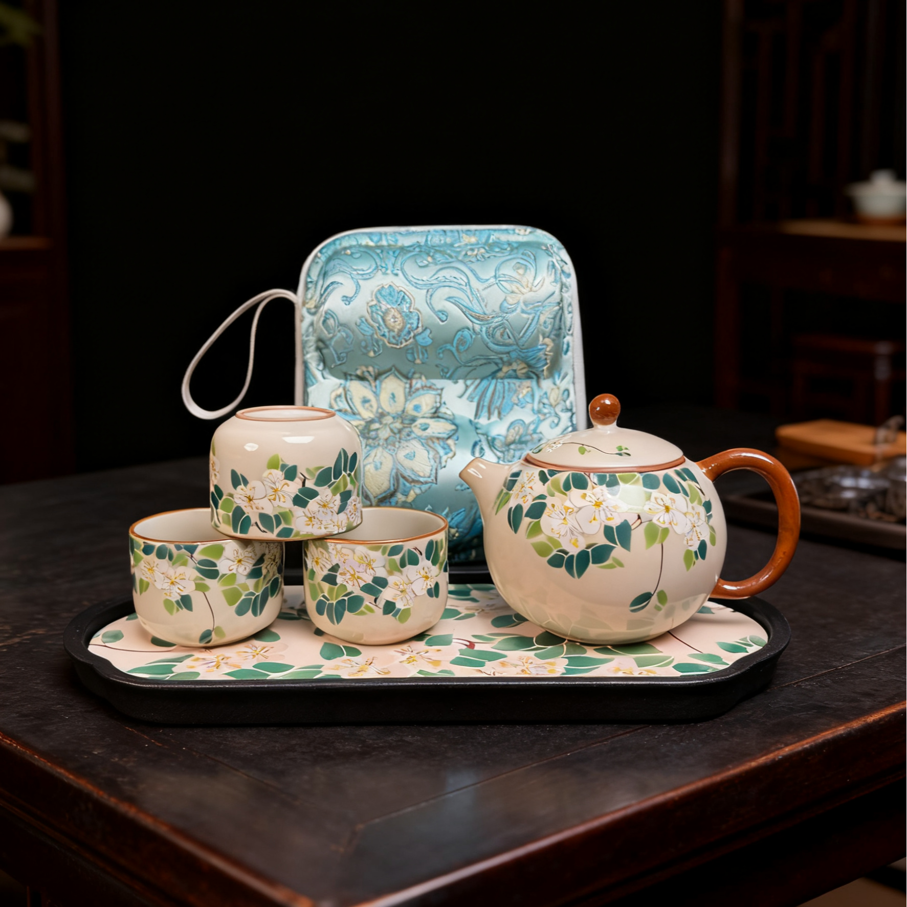 SZ茉见山茶花西施壶+杯子3只+茶盘+收纳KZH    0141