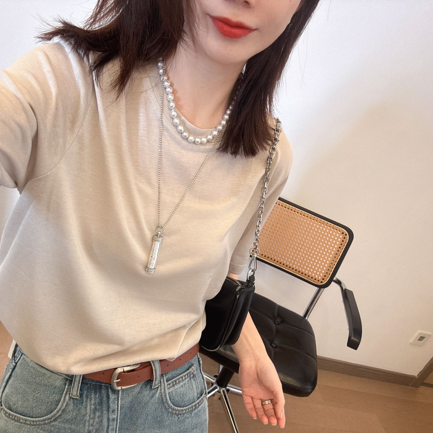 【NO退NO换】低调富婆必备极简风高级奶杏色侧面开叉短袖