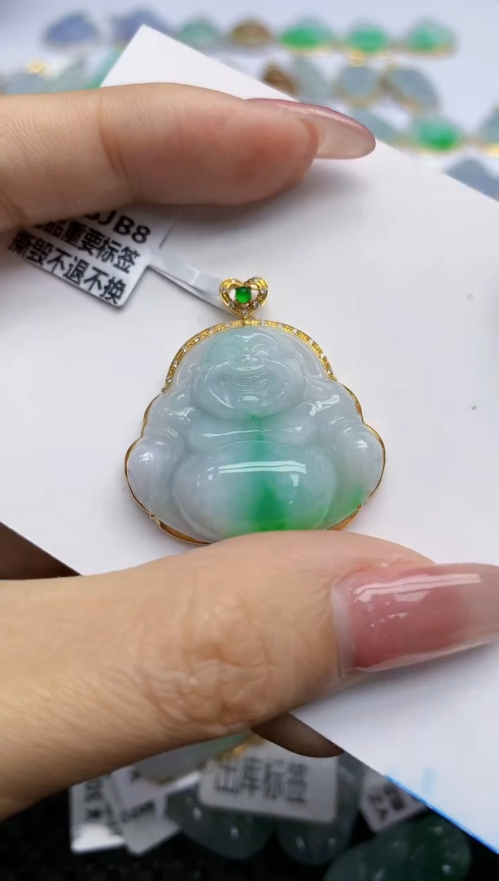 【闪购商品】翡翠挂件18K金镶嵌天然翡翠A货